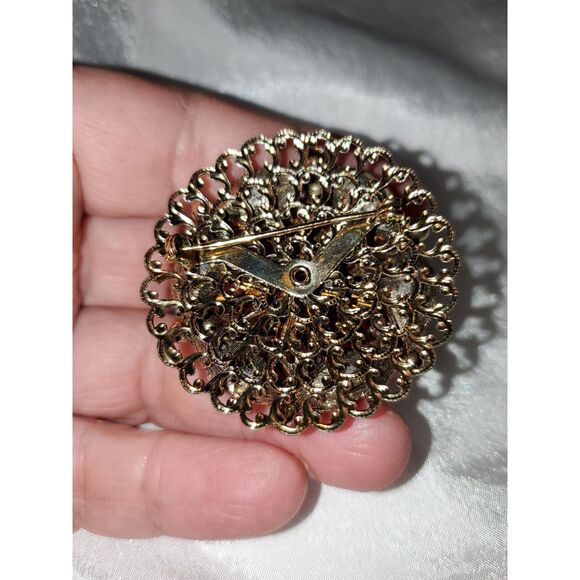 A Vintage Rhinestone Brooch Pin Gold Tone Filigree Boho Domed Artistic As-Is - Picture 6 of 12